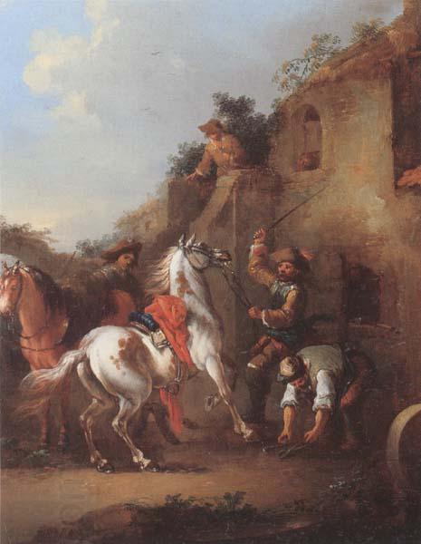 unknow artist Cavaliers halted at a farrier China oil painting art